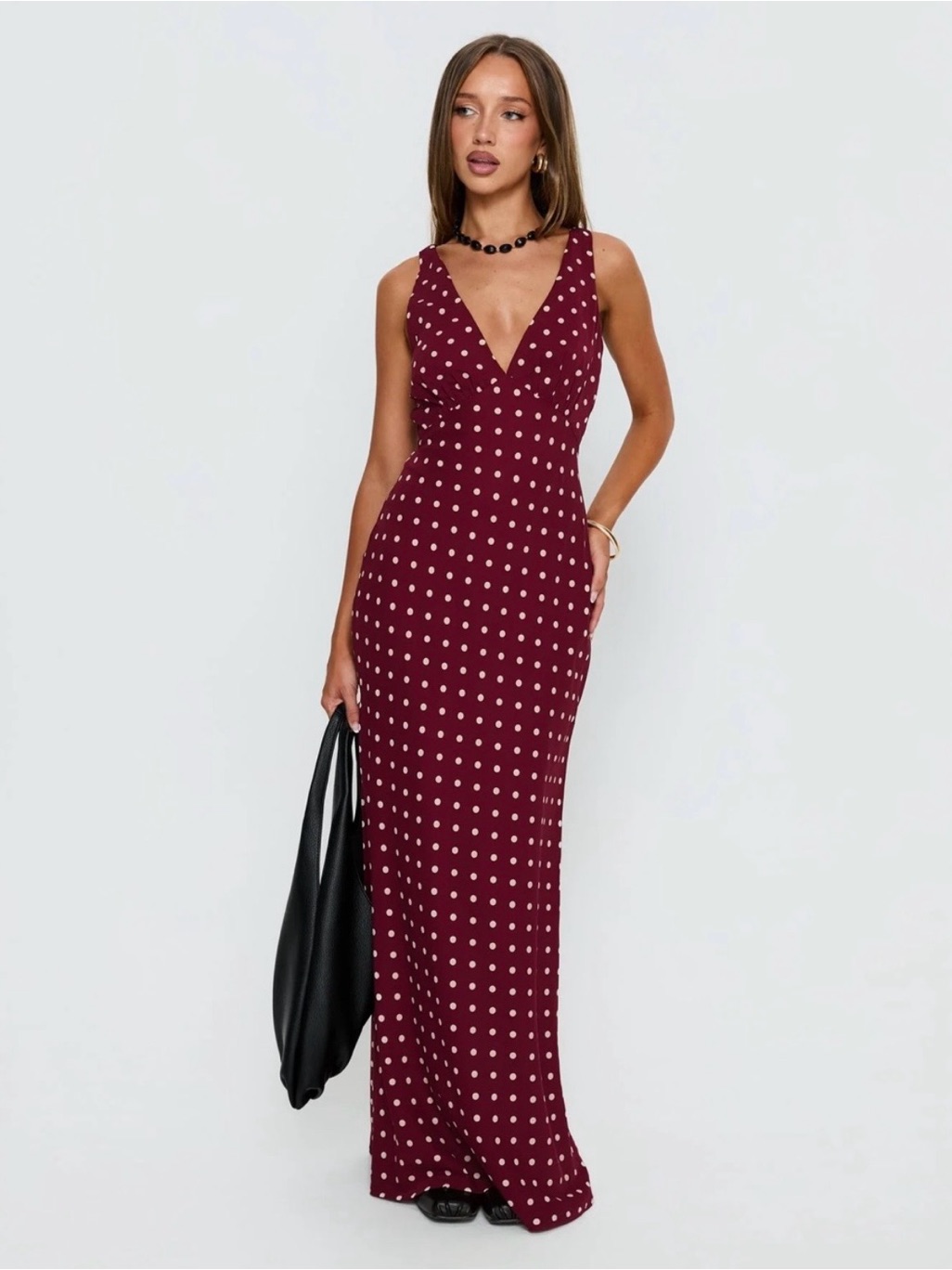 Princess Polly Nellie Polka Dot V-Neck Maxi Dress In Burgundy